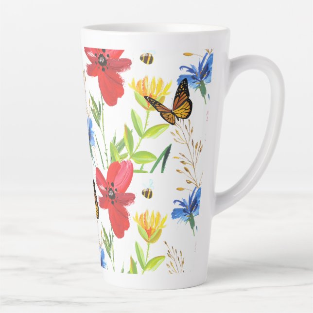 Pretty Summer Watercolor Flowers with Butterflies Latte Mug (Right)