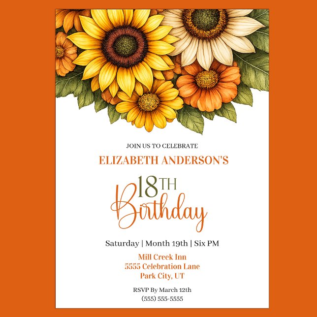 Pretty Sunflower 18th Birthday Invitation (Pretty Sunflower 18th Birthday Invitation For Her)