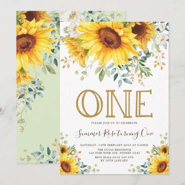 Pretty Sunflower 1st Birthday Summer Yellow Floral Invitation (Front/Back)