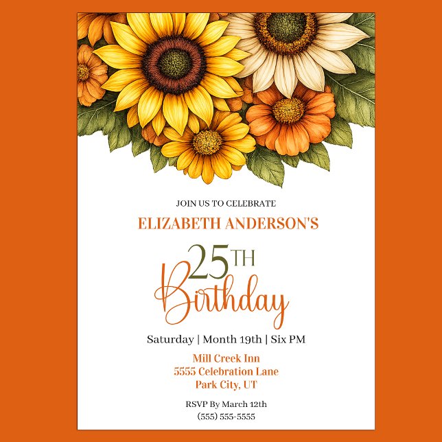 Pretty Sunflower 25th Birthday Invitation (Pretty Sunflower 25th Birthday Invitation For Her)