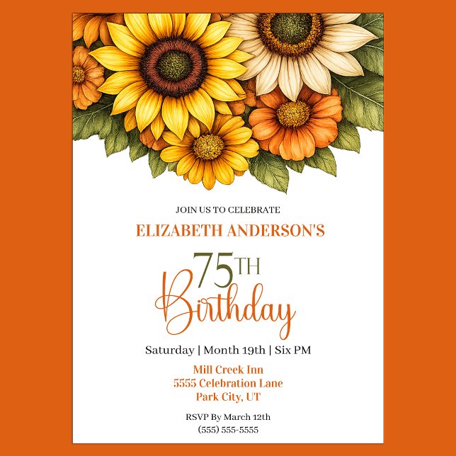 Pretty Sunflower 75th Birthday Invitation (Pretty Sunflower 75th Birthday Invitation For Women.)