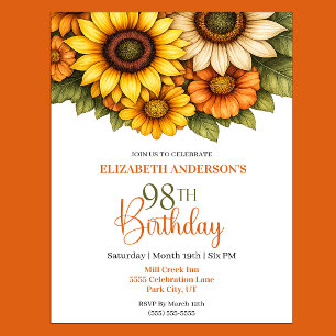Pretty Sunflower 98th Birthday Invitation