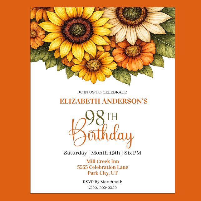 Pretty Sunflower 98th Birthday Invitation (Pretty Sunflower 98th Birthday Invitation For Women.)