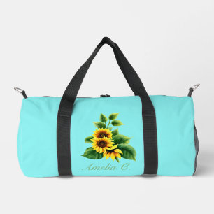 Pretty Sunflower & Name on Teal Background Duffle Bag