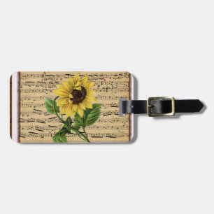Pretty Sunflower On Vintage Sheet Music Luggage Tag