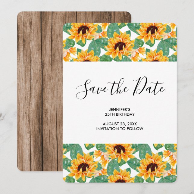 Pretty Sunflower Pattern Yellow & Green Birthday Save The Date (Front/Back)