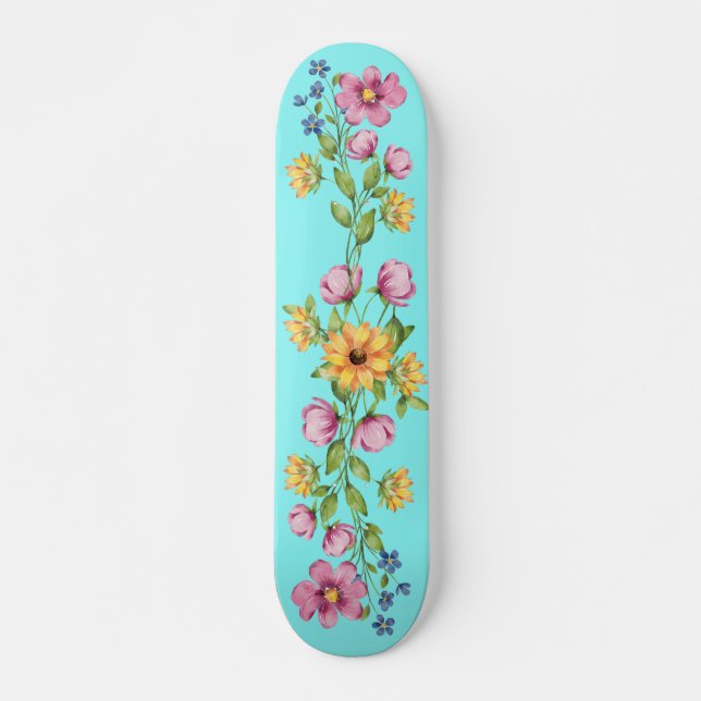 Pretty Sunflower & Wildflowers on Teal Skateboard (Front)