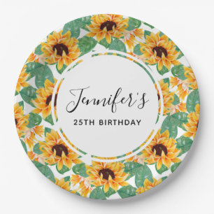 Pretty Sunflower Yellow & Green Pattern Birthday Paper Plate
