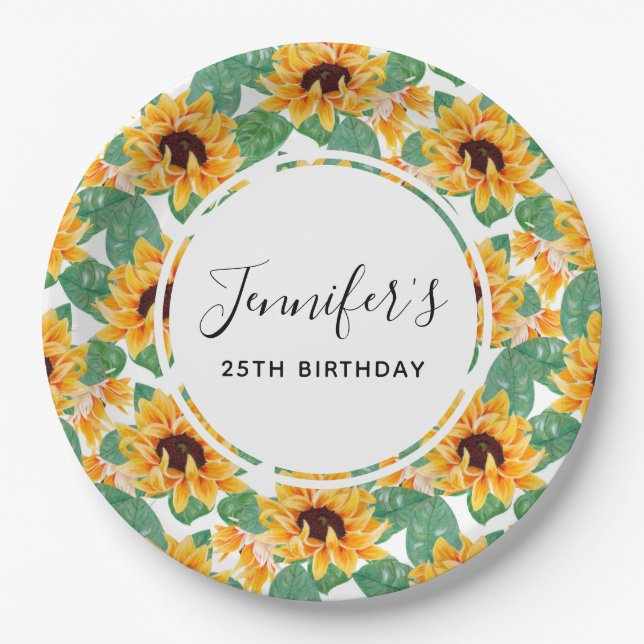 Pretty Sunflower Yellow & Green Pattern Birthday Paper Plate (Front)