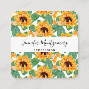 Pretty Sunflower Yellow & Green Pattern Square Business Card