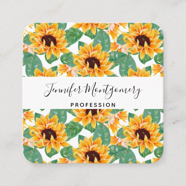 Pretty Sunflower Yellow & Green Pattern Square Business Card (Front)