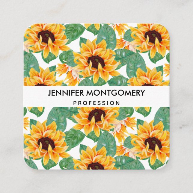 Pretty Sunflower Yellow & Green Pattern Square Business Card (Front)