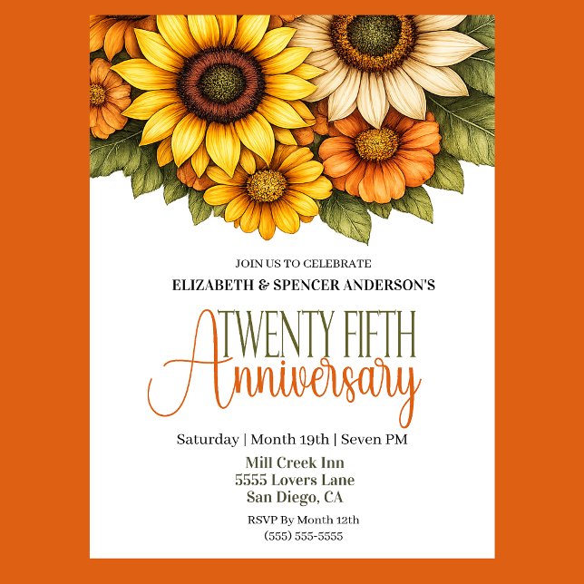 Pretty Sunflowers 25th Anniversary  Invitation (Pretty Sunflowers 25th Wedding Anniversary Party Invitation.)