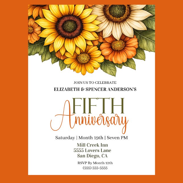 Pretty Sunflowers 5th Anniversary  Invitation (Pretty Sunflowers 5th Wedding Anniversary Party Invitation.)