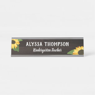 Pretty Sunflowers & Rustic Wood Name Teacher Desk Name Plate