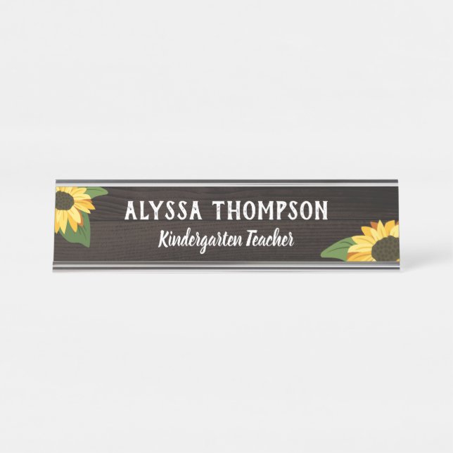 Pretty Sunflowers & Rustic Wood Name Teacher Desk Name Plate (Front)