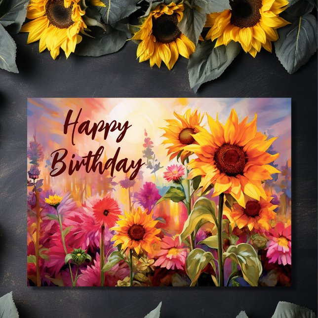 Pretty Sunflowers with Colourful Flowers Birthday Card (Front - Pretty Sunflowers with Colorful Flowers Birthday Card)