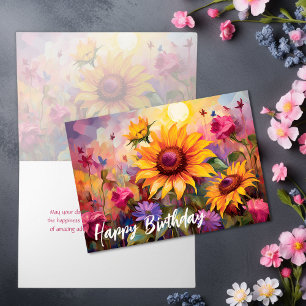 Pretty Sunflowers with Colourful Flowers Birthday Card