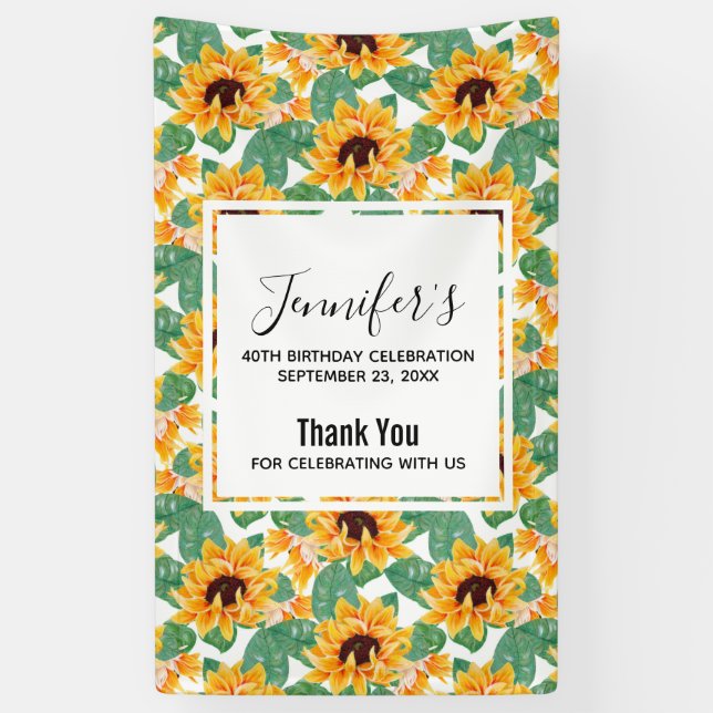 Pretty Sunflowers Yellow & Green Pattern Birthday Banner (Vertical)