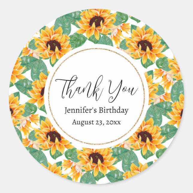 Pretty Sunflowers Yellow & Green Pattern Birthday Classic Round Sticker (Front)