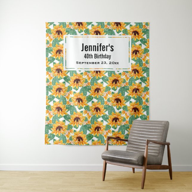 Pretty Sunflowers Yellow & Green Pattern Birthday Tapestry (In Situ)