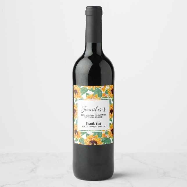 Pretty Sunflowers Yellow & Green Pattern Birthday Wine Label (Front)