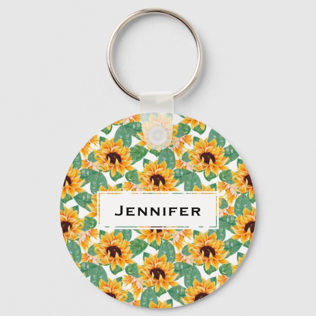 Pretty Sunflowers Yellow & Green Pattern Key Ring (Front)
