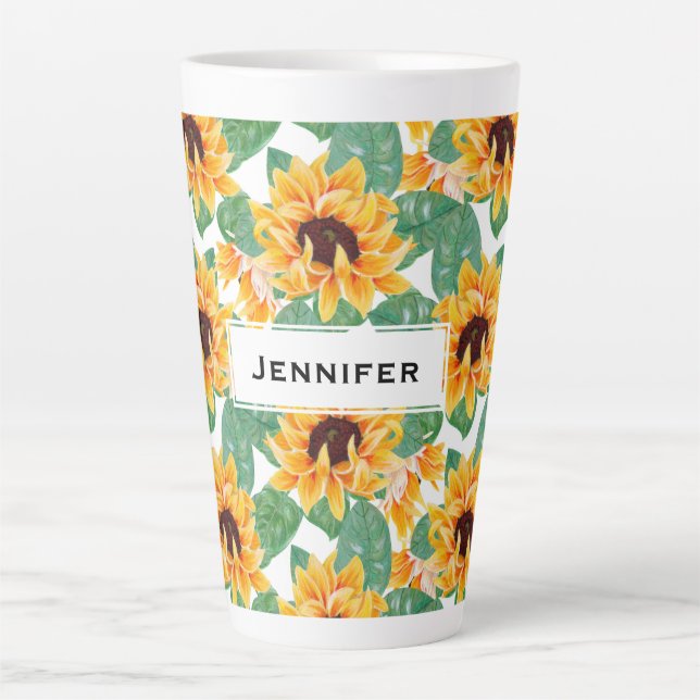 Pretty Sunflowers Yellow & Green Pattern Latte Mug (Front)