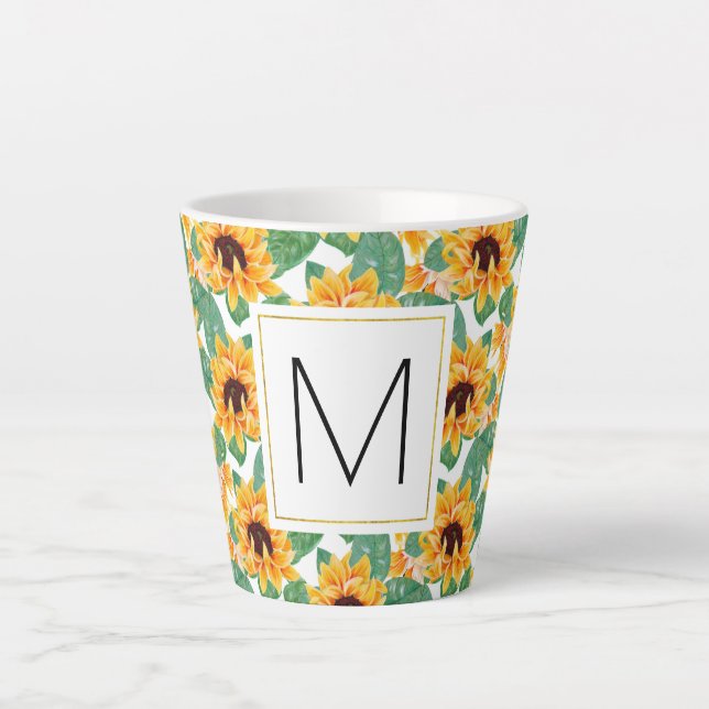 Pretty Sunflowers Yellow & Green Pattern Monogram Latte Mug (Front)