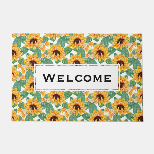 Pretty Sunflowers Yellow & Green Pattern  Welcome Doormat (Front)