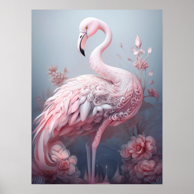 Pretty Surreal Abstract Pink Flamingo on Grey Poster (Front)