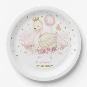 Pretty Swan Princess Blush Gold Balloon Birthday Paper Plate