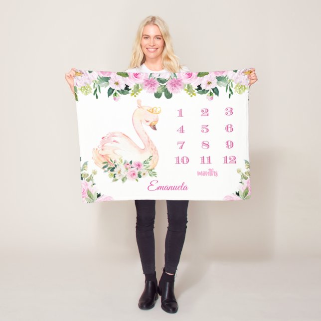 Pretty Swan Princess Name Baby Months Girls Fleece Blanket (In Situ)