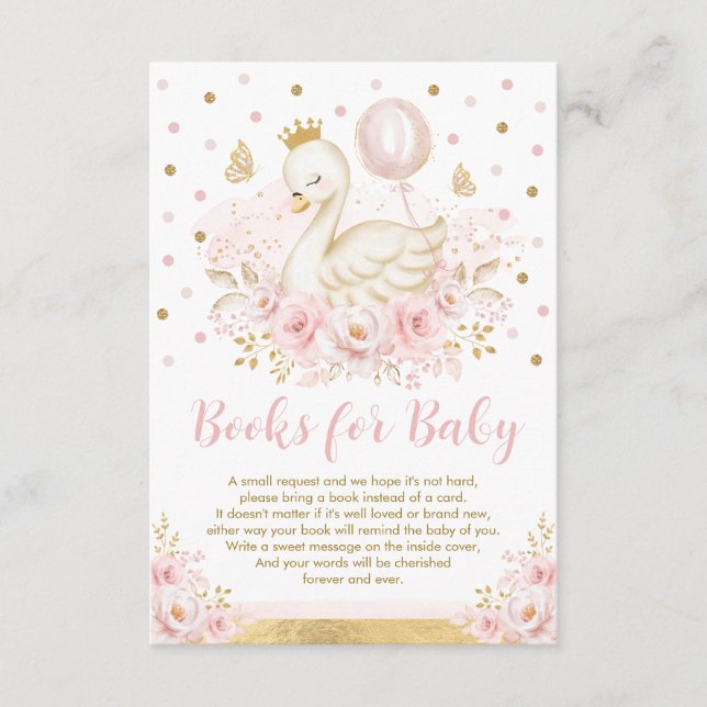 Pretty Swan Princess Pink Gold Books for Baby Girl Enclosure Card (Front)
