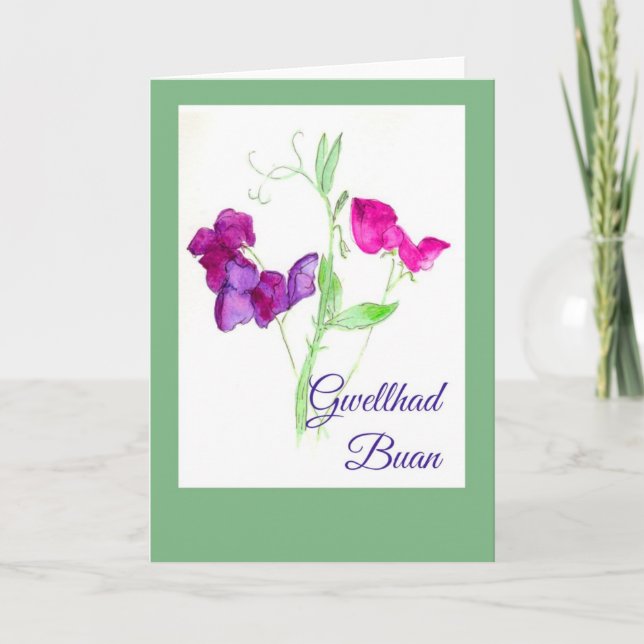 Pretty Sweet Peas Get Well Card, Welsh Greeting Card (Front)
