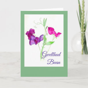 Pretty Sweet Peas Get Well Card, Welsh Greeting Card