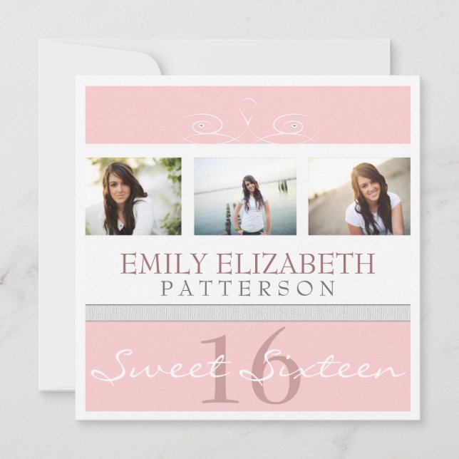 Pretty Swirl Photo Collage Sweet 16 Invitation (Front)