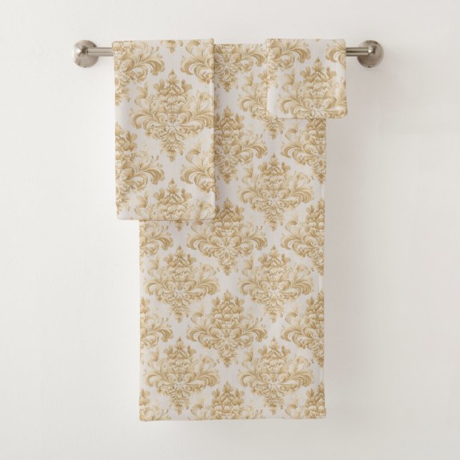Pretty Taupe Grey Brown Damask 3 Piece  Bath Towel Set (Insitu)