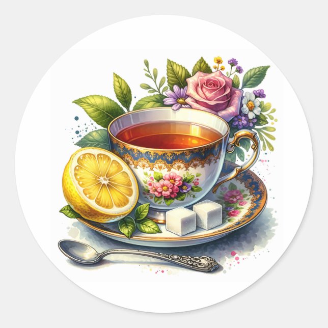 Pretty teacup of Tea with Lemon  Classic Round Sticker (Front)