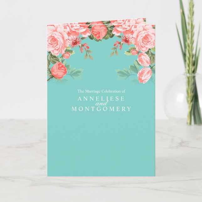 Pretty Teal and Coral Floral Design - Program Programme (Front)