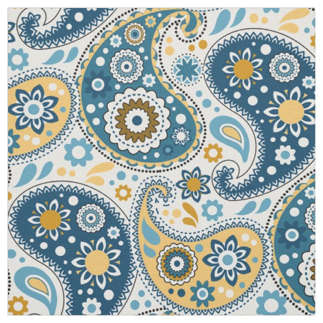 Pretty Teal Aqua and Gold Paisley Print Pattern Fabric (Swatch)