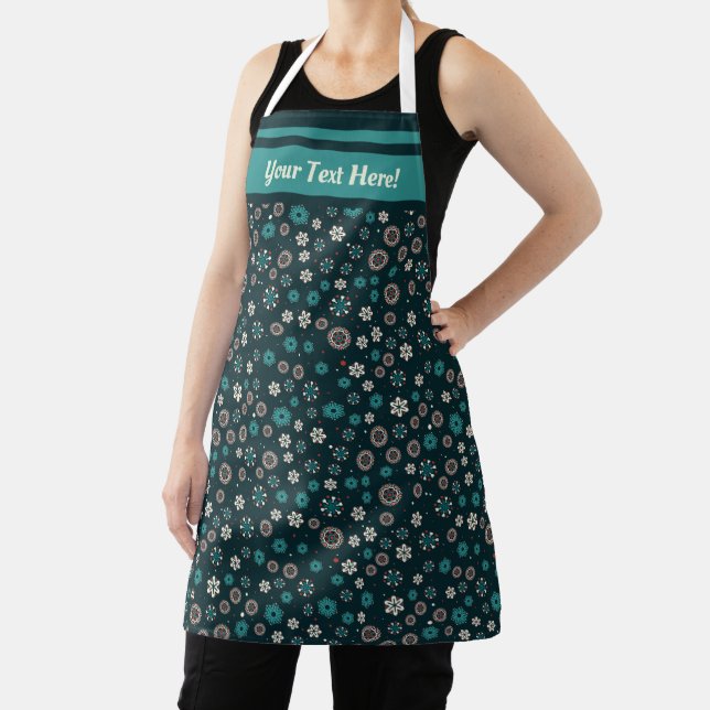 Pretty Teal Aqua Red White Scandinavian Snowflakes Apron (Insitu)