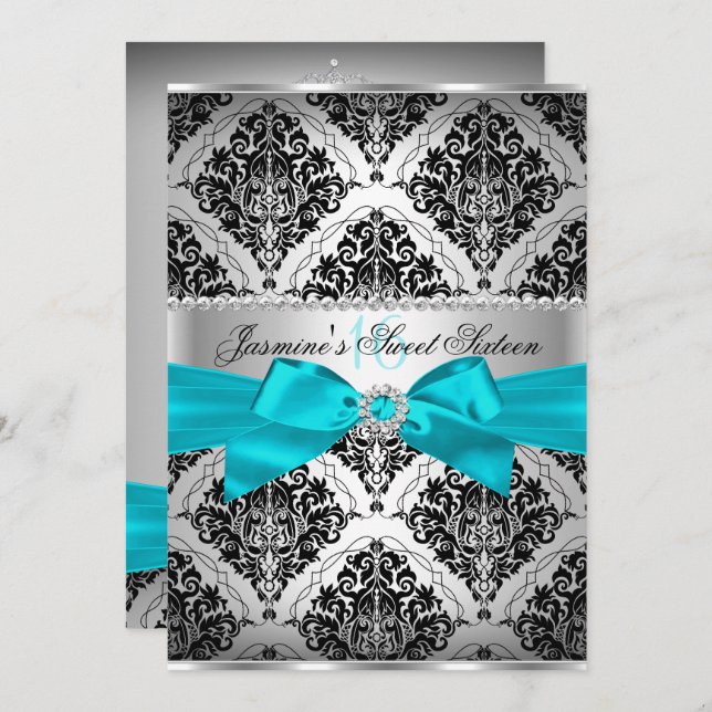 Pretty Teal & Black Damask Sweet 16 Invitation (Front/Back)