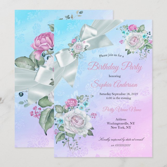 Pretty Teal Blue Floral Purple Pink Birthday Party Invitation (Front/Back)