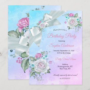 Pretty Teal Blue Floral Purple Pink Birthday Party Invitation