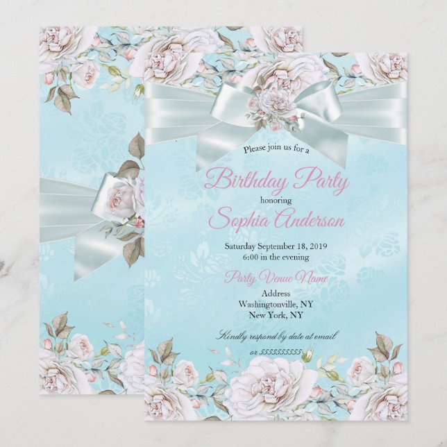 Pretty Teal Blue Floral Roses Pink Birthday Party Invitation (Front/Back)