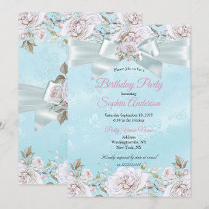 Pretty Teal Blue Floral Roses Pink Birthday Party Invitation