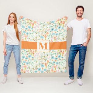 Pretty Teal Blue Orange Pink Floral Pattern Fleece Blanket