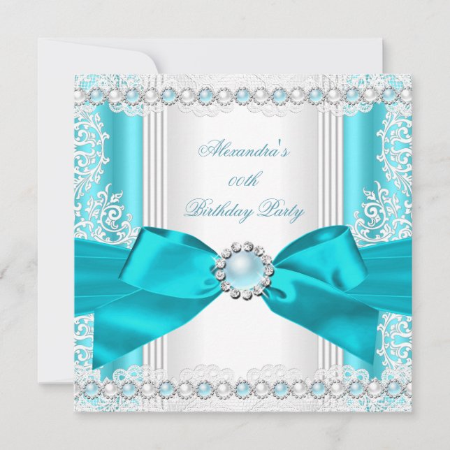 Pretty Teal Blue Pearl White Birthday Party Invitation (Front)