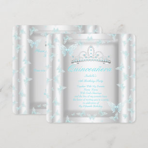 Pretty Teal Blue Quinceanera Party Tiara Butterfly Invitation